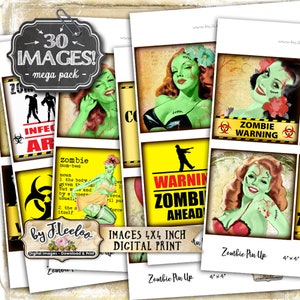 May include: A set of 30 digital printable images featuring zombie pin-up girls and warning signs. The images are 4x4 inches and are perfect for Halloween decorations or crafts.