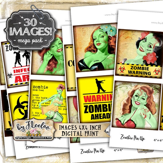 ZOMBIES PIN UP 4x4 inch square printable apocalypse walking dead coaster jewelry holder hang tags instant download qu526