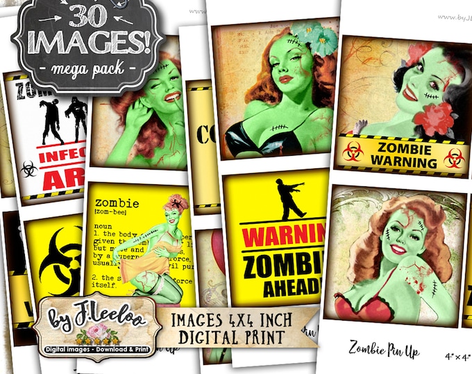 ZOMBIES PIN UP 4x4 inch square printable apocalypse walking dead coaster jewelry holder hang tags instant download qu526