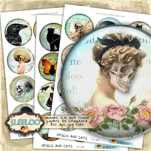 May include: A set of 12 printable digital papers featuring a skull and cat theme. The papers are 2.5 inches in diameter and are perfect for crafting projects.