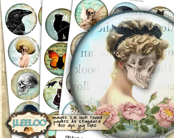 SKULLS AND CATS 2.5 inch circle gothic scary dia de los muertos for pendants magnets bezel trays printable digital collage sheet tn470