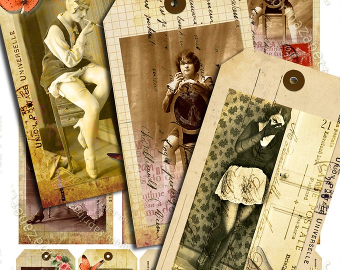 FRENCH TEASE label tags jewelry holder woman old photo chic paper goods for craft art Digital collage instant download printable tl112