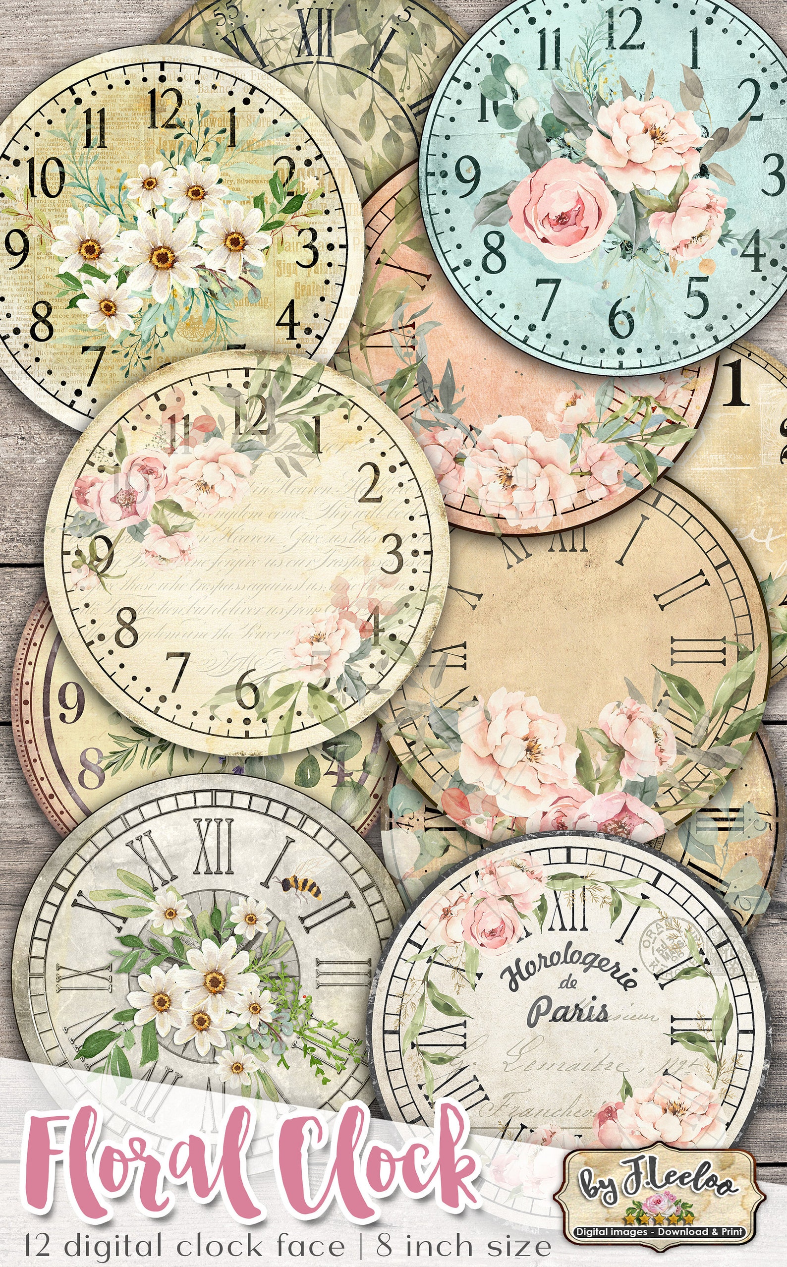 FLORAL CLOCK 8 Inch Circle Printable Clock Face Jpeg Clipart - Etsy