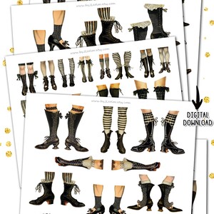 May include: Thirteen digital papers featuring Victorian-style legs and shoes in black, white and gold. The papers are 8.5 inches by 11 inches and 300 dpi.