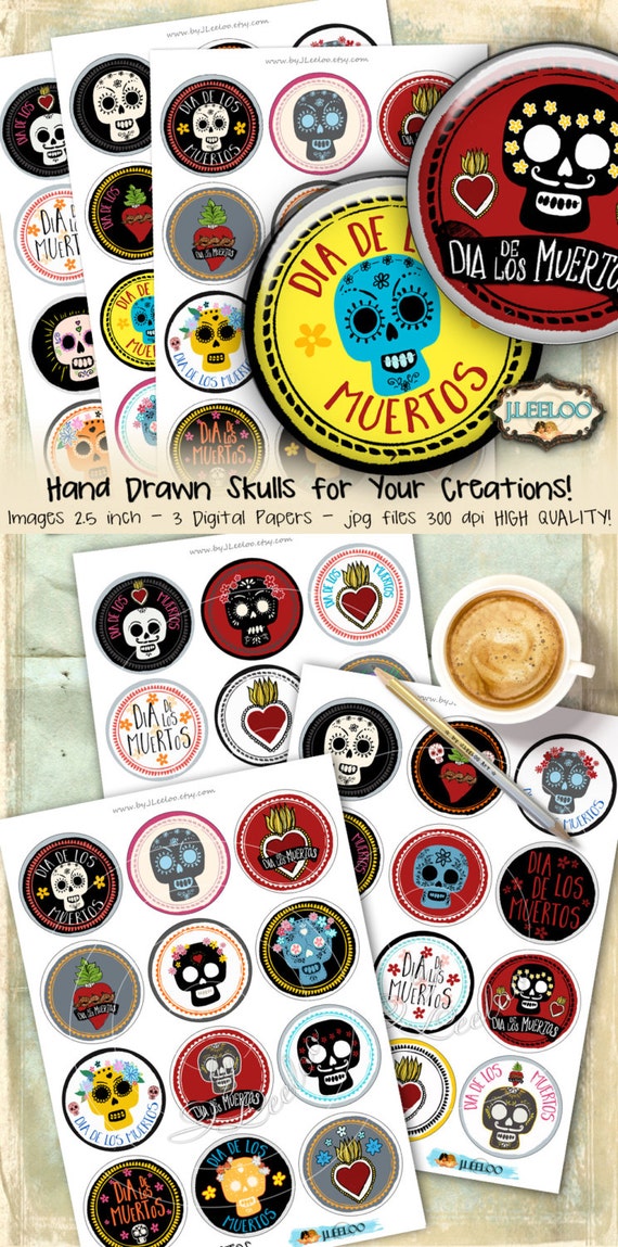 DIA De LOS MUERTOS 2.5 inch circle scary halloween pendants magnet stickers craft instant download printable digital collage sheet tn490