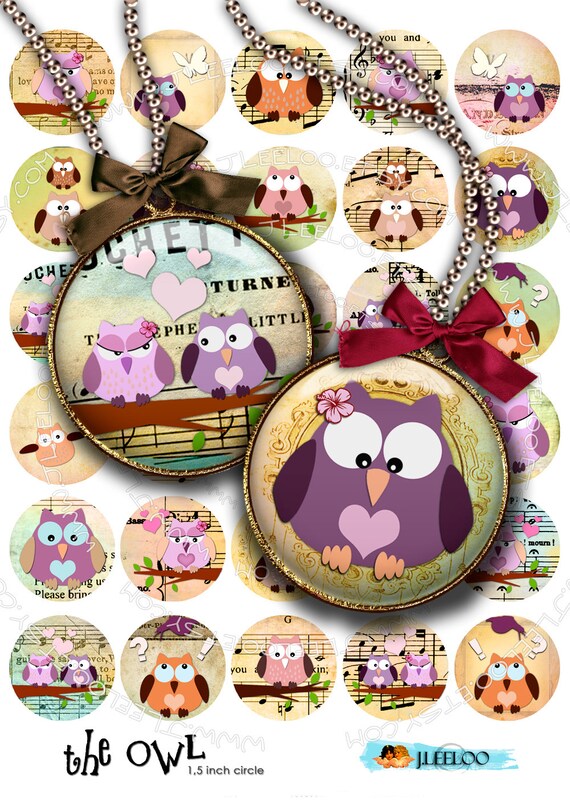 Digital printable sheet THE OWL 1.5 inch circle digital birds clipart valentine pendant magnet hang tags craft instant download tn290