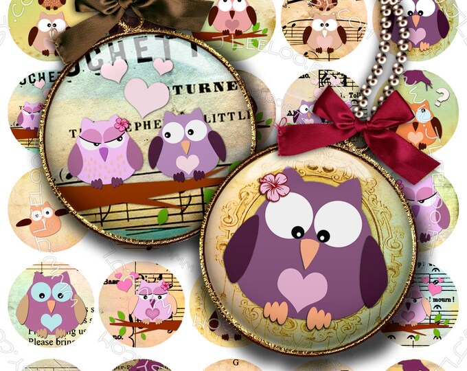 Digital printable sheet THE OWL 1.5 inch circle digital birds clipart valentine pendant magnet hang tags craft instant download tn290