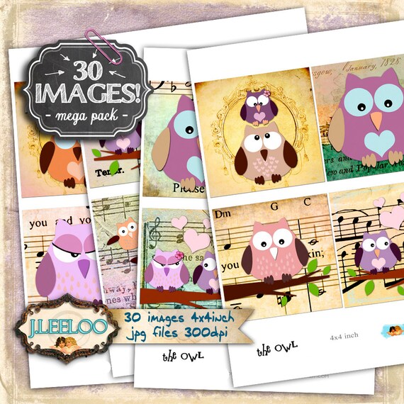 Digital collage THE OWL 4x4 inch square owl valentine card coaster greeting cards card making magnets instant download printable qu397