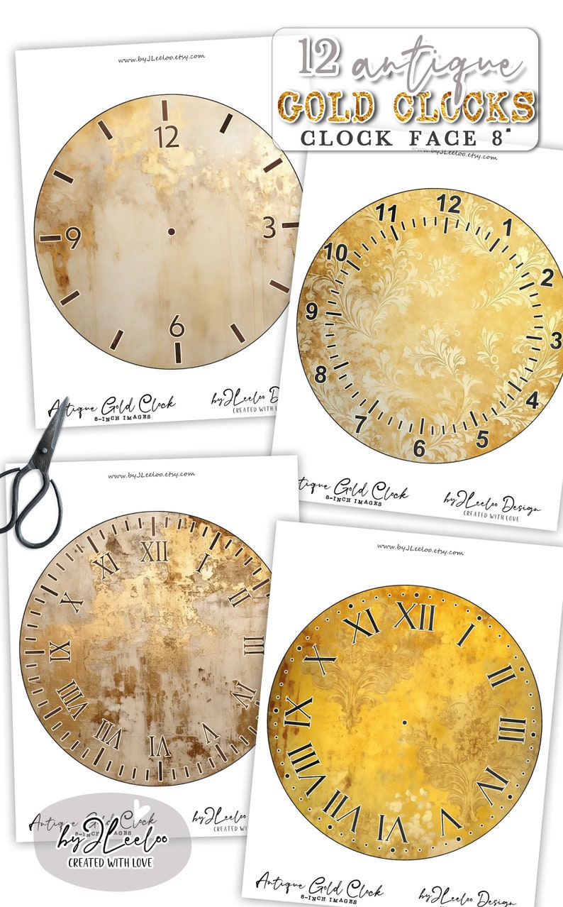 ANTIQUE GOLD Clock 8 Inch Circle Printable Clock Face Grunge Making ...