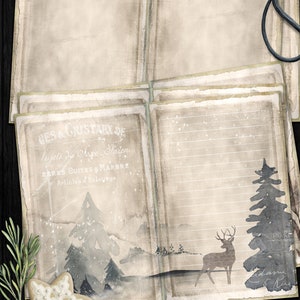 May include: A set of 14 digital papers featuring a winter theme. The papers are 8.5 inches by 5.5 inches and include a cover page. The papers feature a watercolor style with a snowy forest scene, a deer, and a gingerbread cookie.