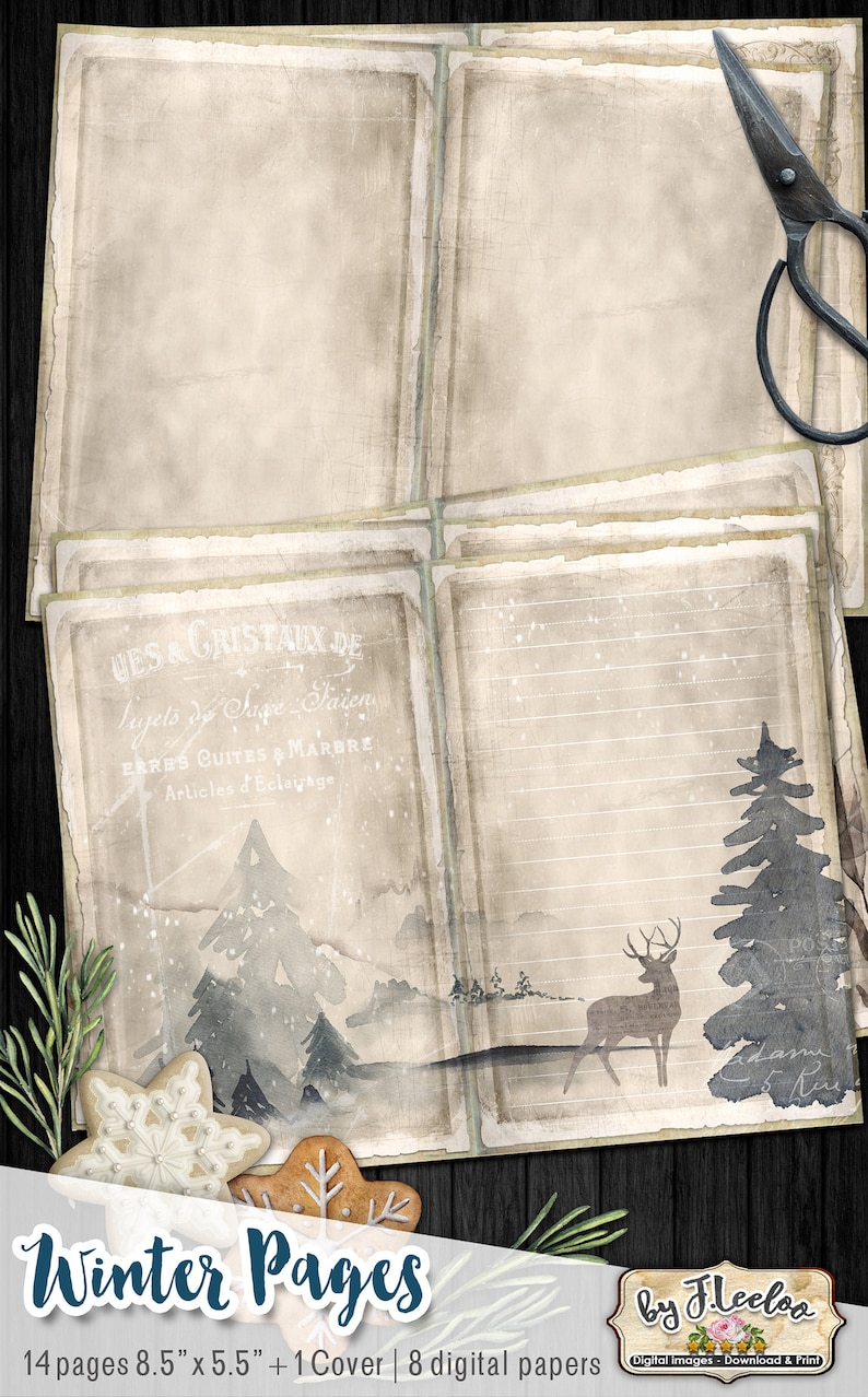 May include: A set of 14 digital papers featuring a winter theme. The papers are 8.5 inches by 5.5 inches and include a cover page. The papers feature a watercolor style with a snowy forest scene, a deer, and a gingerbread cookie.
