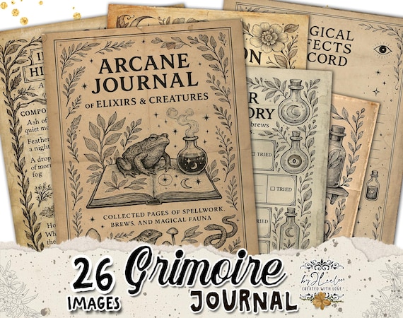 GRIMOIRE JOURNAL • 26 Printable Spellbook Witchcraft Junk Journal Kit Dark Academia | Witchy Ephemera Vintage Documents Magic Paper | pp951