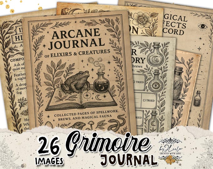 GRIMOIRE JOURNAL • 26 Printable Spellbook Witchcraft Junk Journal Kit Dark Academia | Witchy Ephemera Vintage Documents Magic Paper | pp951