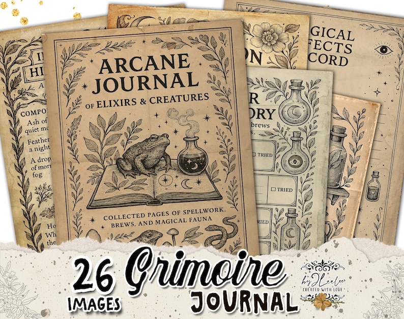 May include: A collection of vintage-style grimoire journal pages. The central journal cover features the text "Arcane Journal of Elixirs & Creatures" with a frog, potion bottle, and open book illustration. The image includes the text "26 Grimoire Journal Images".