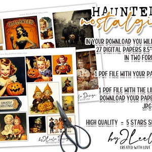 Puede incluir: Un paquete de papel digital con 27 dise&ntilde;os de tem&aacute;tica de Halloween. Los dise&ntilde;os presentan ilustraciones vintage de ni&ntilde;os, calabazas y fantasmas. Los papeles miden 8,5 pulgadas por 11 pulgadas y est&aacute;n disponibles en dos formatos: PDF y JPG.