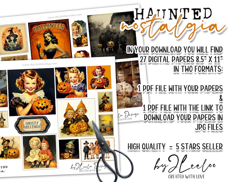 Puede incluir: Un paquete de papel digital con 27 dise&ntilde;os de tem&aacute;tica de Halloween. Los dise&ntilde;os presentan ilustraciones vintage de ni&ntilde;os, calabazas y fantasmas. Los papeles miden 8,5 pulgadas por 11 pulgadas y est&aacute;n disponibles en dos formatos: PDF y JPG.