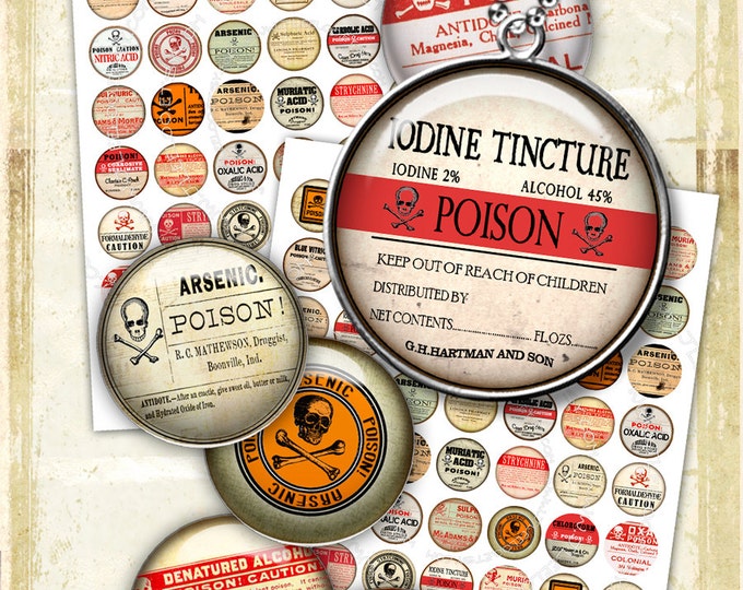 Digital paper POISON 1 inch circle goth apothecary labels arsenic magnet stickers mirrors pendant instant download printable tn445