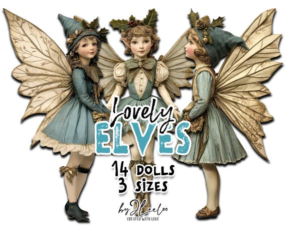 LOVELY ELVES 42 Paper Dolls 3 Sizes Printable PNG & Jpeg | Faeries Clip Art | Christmas Junk Journal Ephemera | Fussy Cut Cricut Art | cl183