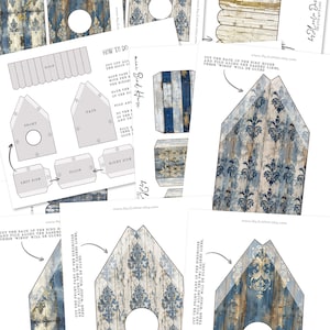 Może przedstawiać: Drukowany zestaw papierowych rękodzieł do stworzenia dw&oacute;ch budek dla ptak&oacute;w. Projekt zawiera wz&oacute;r w niebiesko-białe damask na tle imitującym drewno. Zestaw zawiera instrukcje montażu budek dla ptak&oacute;w.