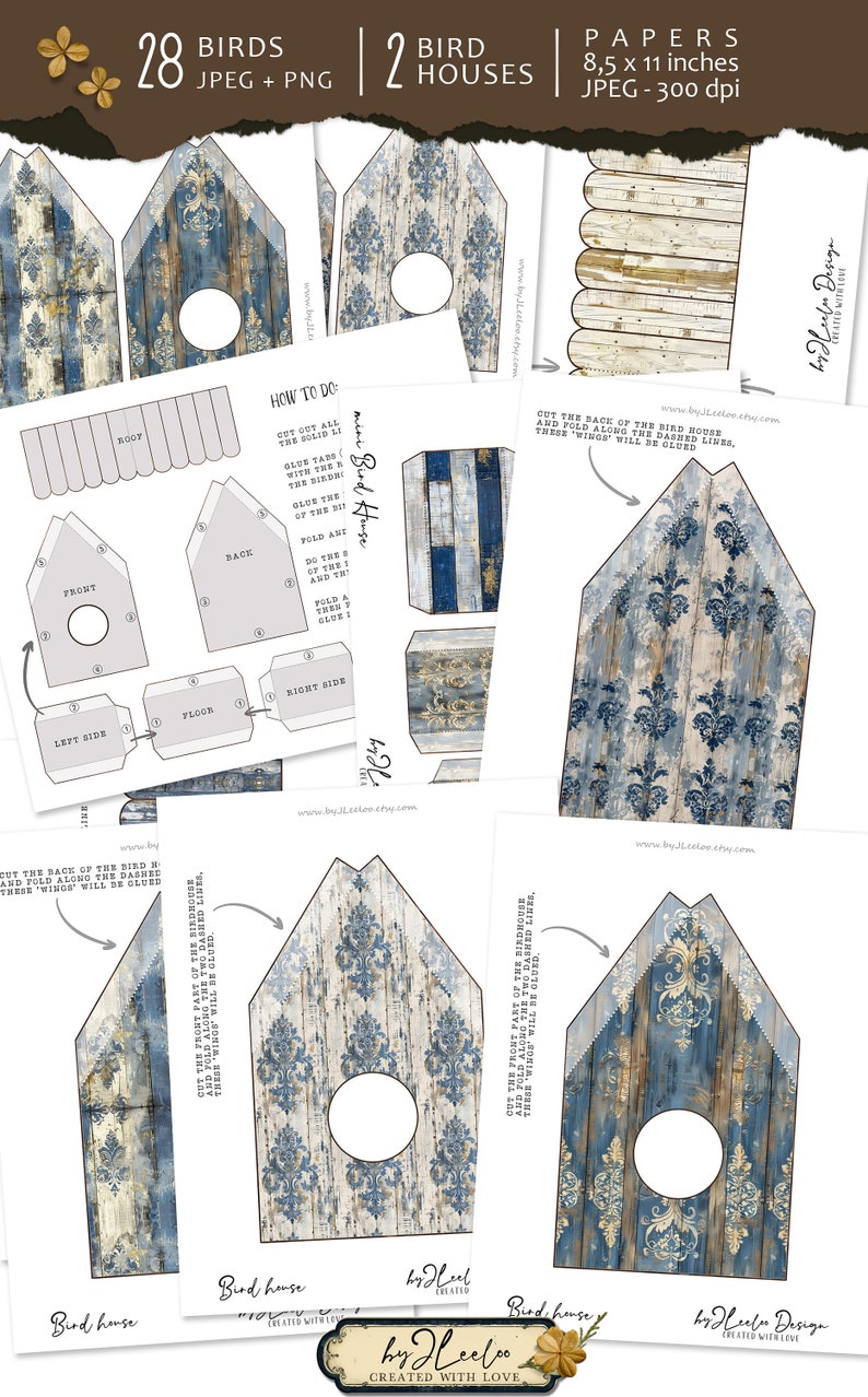 Może przedstawiać: Drukowany zestaw papierowych rękodzieł do stworzenia dw&oacute;ch budek dla ptak&oacute;w. Projekt zawiera wz&oacute;r w niebiesko-białe damask na tle imitującym drewno. Zestaw zawiera instrukcje montażu budek dla ptak&oacute;w.