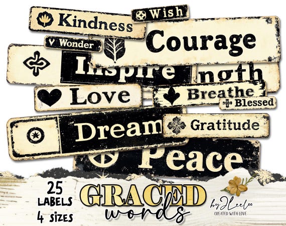 GRACED WORDS label tag printable words | Steampunk Industrial ephemera Christmas scrapbooking | cut-out download Commercial Use | tl309