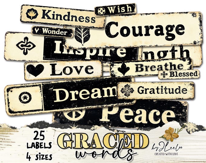 GRACED WORDS label tag printable words | Steampunk Industrial ephemera Christmas scrapbooking | cut-out download Commercial Use | tl309