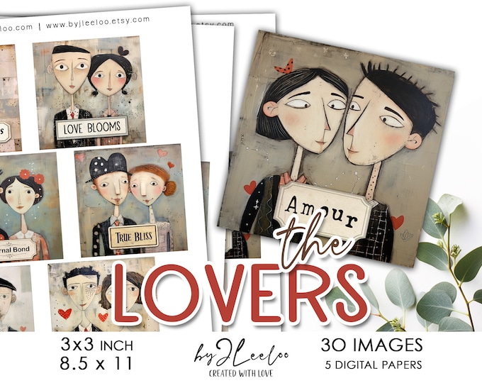 THE LOVERS 3x3 inch printable | Valentine gift supplies magnet, mirror, craft card, label, charm collage sheet mixed media DiY  | qu596
