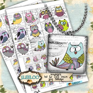 May include: A digital paper pack with 20 different owl illustrations. The owls are drawn in a whimsical style with bright colors and intricate patterns. The paper pack includes 1x1 inch and 2x2 inch images, perfect for scrapbooking, card making, and other craft projects.