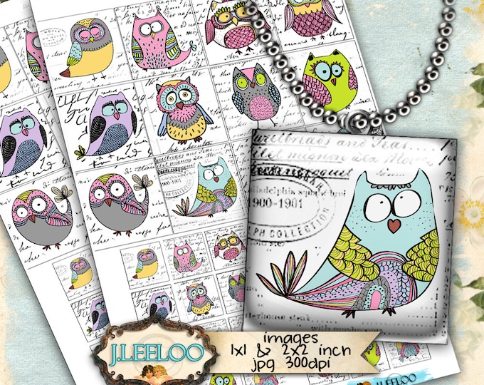 Digital collage OWL 2 inch and 1 inch square clipart digital images for pendant jewelry magnet instant download printable qu421