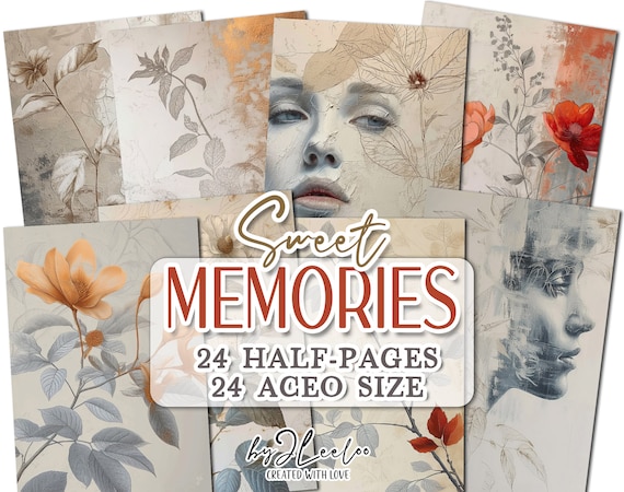 SWEET MEMORIES half pages printable ACEO | Botanical foliage junk journal Mixed Media supplies | Distressed paper card collage diary | pp732