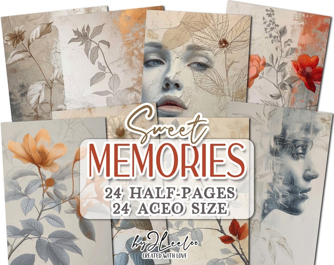 SWEET MEMORIES half pages printable ACEO | Botanical foliage junk journal Mixed Media supplies | Distressed paper card collage diary | pp732