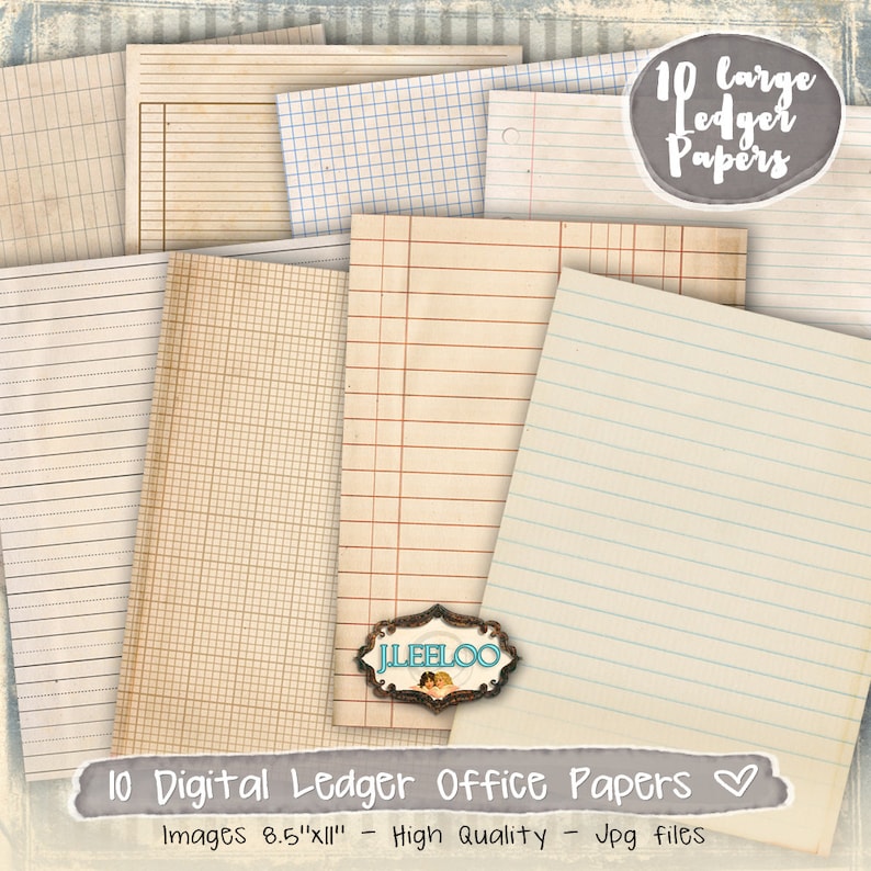 May include: Ten digital ledger office papers in various styles, including lined, grid, and graph paper. The papers are 8.5 inches by 11 inches and are high quality JPG files.