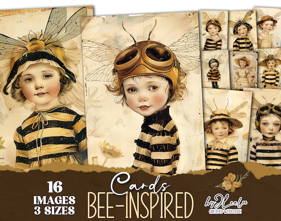 BEE-INSPIRED CARDS 3 sizes | printable vintage bee card junk journal supplies | illustration scrapbook children digital postcard | pp801