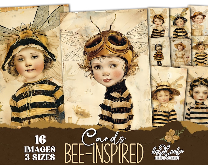 BEE-INSPIRED CARDS 3 sizes | printable vintage bee card junk journal supplies | illustration scrapbook children digital postcard | pp801
