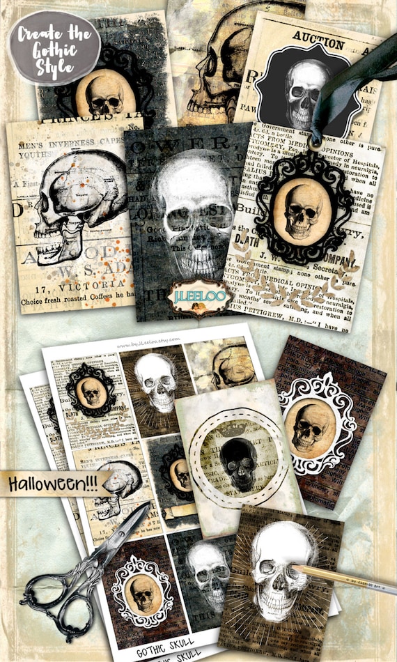 GOTHIC SKULL printable aceo halloween scrapbook greeting cards Digital collage sheet instant downloadable background by JLeeloo ac288