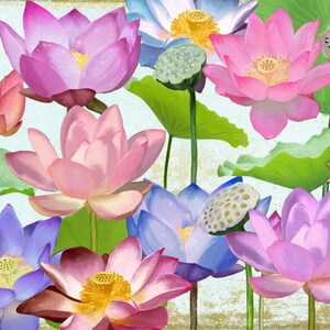 May include: Watercolor painting of pink, purple, and blue lotus flowers with green leaves. The painting is titled "JuleeLoo Watercolors".