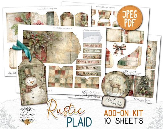 RUSTIC PLAID Add-On Kit Junk Journal Pages printable | Holidays Cozy cottage Kit scrapbook vintage Digital art supplies | Fussy cut | pp891