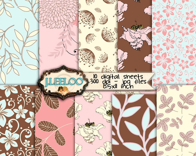 WITH YOU 10 large digital papers Digital collage sheet nature flower leaves for scrapbook - instant download - printable paper goods - pp267