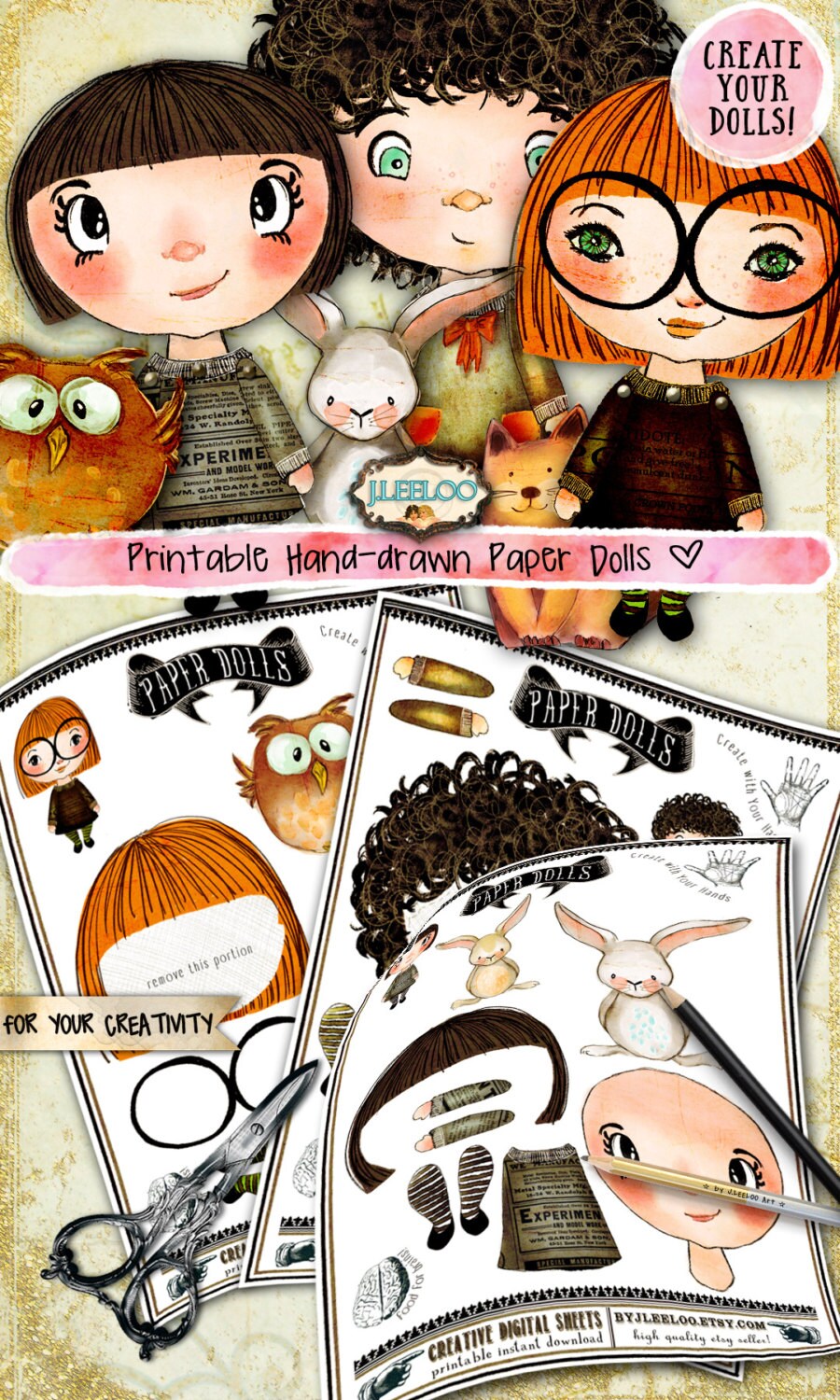 PAPER DOLL digital altered art Digital collage sheet for journal page scrapbooking diary art instant download printable pp340