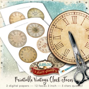 Könnte beinhalten: Druckbare Vintage-Zifferblätter, insgesamt 12 Stück, mit römischen Ziffern. Die Zifferblätter haben einen Durchmesser von 7,6 cm und sind auf zwei digitalen Papieren gedruckt. Das Bild enthält auch den Text "Printable Vintage Clock Faces" und "2 digital papers -- 12 faces 3 inch -- 5 stars quality!"