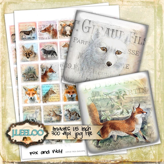 Digital printable FOX AND WOLF 1.5 inch square sheets digital images paper goods vintage magnets pendant craft instant download tn426