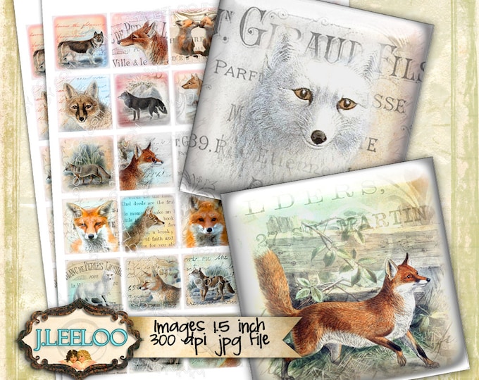 Digital printable FOX AND WOLF 1.5 inch square sheets digital images paper goods vintage magnets pendant craft instant download tn426