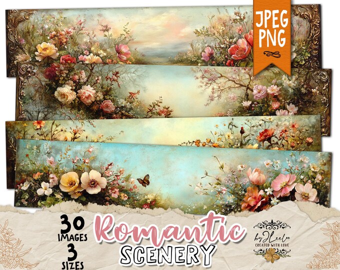 ROMANTIC SCENERY Wrapper 3 sizes | PNG and Jpeg Botanical illustration decor gift Craft Paper | Label Tag printable Junk Journal | pp911