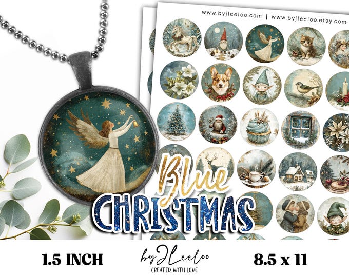 BLUE CHRISTMAS 1.5 inch printable | Tags DIY Gift Labels Bottle Cap Sticker | Collage sheet | Cupcake Toppers Christmas Decorations | tn831