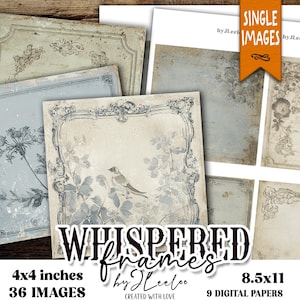 Puede incluir: Una colección de papeles y marcos digitales de estilo vintage. Los diseños presentan ilustraciones florales y de aves en tonos azul y beige apagados. El texto de la imagen dice "WHISPERED frames", "4x4 inches 36 IMAGES" y "8.5x11 9 DIGITAL PAPERS".