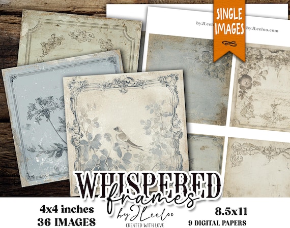 WHISPERED FRAMES – 36 Vintage 4x4 Printable Squares for Junk Journal, Scrapbooking, Coaster Crafts, Collage Art | quK13