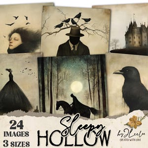 SLEEPY HOLLOW Themed 24 gothic 3 Sizes | Digital Halloween Art Print Victorian Gothic Decor Digital Junk Journal Illustration DIY cu | pp842