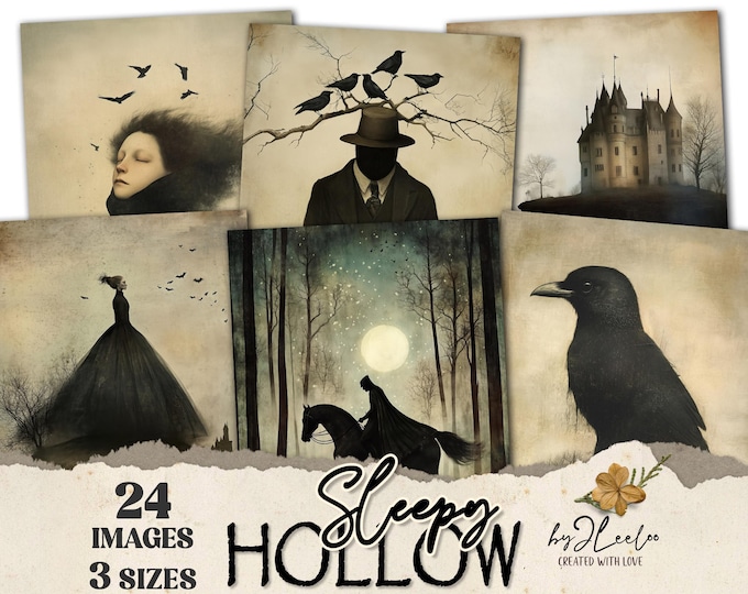 SLEEPY HOLLOW Themed 24 gothic 3 Sizes | Digital Halloween Art Print Victorian Gothic Decor Digital Junk Journal Illustration DIY cu | pp842