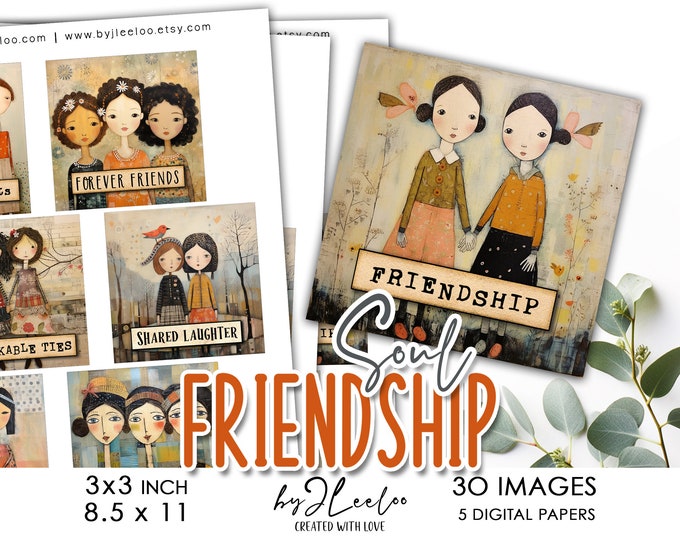 SOUL FRIENDSHIP 3x3 inch printable | Charm collage sheet, Friend gift, supplies craft card. magnet, tag, altered DiY embellishment | qu584