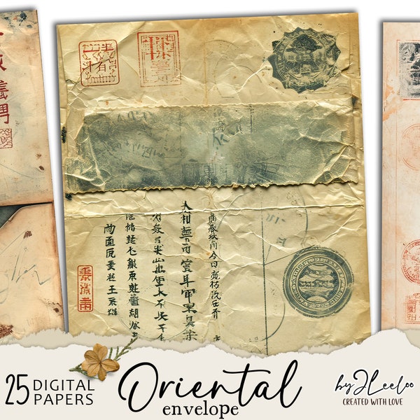 ORIENTAL ENVELOPE fake vintage documents | Junk Journal pages old parcels background Distressed grungy card antique digital ephemera | pp702